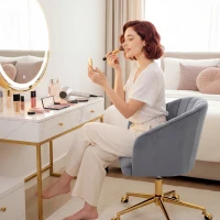 HOMCOM Silla de Oficina con Ruedas de Terciopelo con Respaldo Acolchado Altura Ajustable Espuma Alta Resiliencia Gris(m-8)