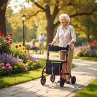 HOMCOM Deambulator cu Scaun și Spătar pentru Vârstnici Pliabil, Reglabil pe Înălțime, Suport pentru Baston, Roșu(m-9)