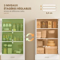 HOMCOM Buffet haut cuisine, armoire de cuisine, 4 portes dont 2 en verre, tiroirs, étagères réglables, 60x35x180cm, blanc(m-5)
