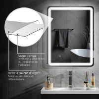 HOMCOM Miroir de salle de bain rectangulaire LED fonction anti-buée luminosité réglable fonction mémoire 70 x 90 cm argent(m-8)