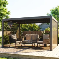 Outsunny Pérgola bioclimática 4x3m, pérgola de aluminio con lamas orientables, manivela, cortinas laterales cortavientos, gris oscuro(m-2)