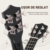 HOMCOM Ukulele Soprano de 21 Inchi pentru Începători, din Lemn cu Corzi din Nailon, Pană și Coardă de Rezervă, Negru(m-7)