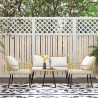 Outsunny Ensemble salon de jardin 4 pièces canapé 2 places 2 fauteuils avec 7 coussins 1 table basse ronde, résine tressée(m-10)