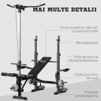 HOMCOM Bancă Multifuncțională pentru Fitness cu Pulley System, Suport pentru Haltere și Spătar Reglabil, Bancă pentru Greutăți Înclinată cu Extensie pentru Picioare, Chest Fly, Suport pentru Greutăți, Antrenament Acasă(m-8)