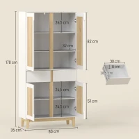 HOMCOM Buffet haut cuisine, armoire de cuisine avec 4 portes, 2 tiroirs et étagères réglables, 80x35x170cm, blanc et chêne(m-3)