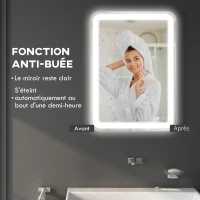 HOMCOM Miroir de salle de bain rectangulaire LED fonction anti-buée luminosité réglable fonction mémoire 70 x 50 cm argent(m-7)