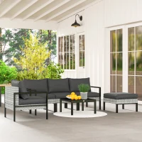 Outsunny Salon de jardin extérieur 5 personnes, salon de balcon en résine tressée avec fauteuils, pouf et table basse gris clair(m-10)