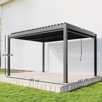 Outsunny Pérgola bioclimática 4x3m, pérgola de aluminio con lamas orientables, manivela, cortinas laterales cortavientos, gris oscuro(m-3)
