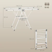 HOMCOM Suport de Uscare cu 2 Niveluri Reglabil pe 4 Înălțimi, Suport cu Picioare Antiderapante din Metal și Plastic, 156,5x61,5x97 cm, Alb(m-3)