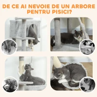 PawHut Ansamblu de joacă pentru pisici cu 2 căsuțe, hamac, culcuș și stâlpi din sisal, 48x48x160 cm, gri(m-8)