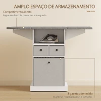 HOMCOM Móvel para Engomar Roupa com Rodas Tábua de Engomar Dobrável com 3 Gavetas Compartimento Aberto 121x37x89,5 cm Branco(m-6)