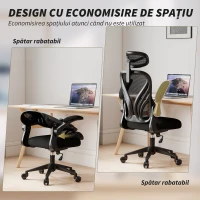 HOMCOM Scaun de Birou Ergonomic cu Brațe Rabatabile și Spătar Pliabil, Scaun pentru Birou cu Funcție de Balansare, Tetieră Reglabilă, Rotativ, Negru(m-7)