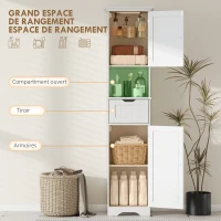 HOMCOM Meuble colonne salle de bain avec éclairage LED, meuble de rangement étroit, tiroir, 2 portes, 40x30x170cm, blanc(m-5)