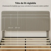 HOMCOM Cadre de lit 160 x 200 cm, sommier à lattes en bois, tête de lit réglable, lit double rembourré en velours côtelé, gris(m-4)