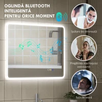 HOMCOM Oglindă de baie LED bluetooth 70 x 90 cm interruptor tactil lumină reglabilă 3 culori anti-abur memorie argintiu(m-5)