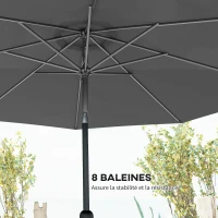 Outsunny Parasol de jardin extérieur Parasol droit inclinable Ø 3 m en métal Rond Polyester 180g/m² manivelle inclinable Gris(m-7)