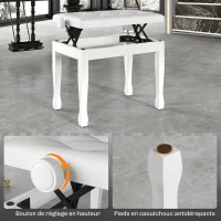HOMCOM Banc de piano, banc de clavier réglable en hauteur en bois massif, siège rembourré, 64 x 35 x 45-55 cm, blanc(m-6)