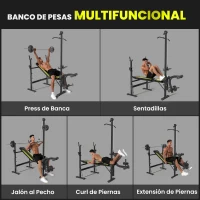 HOMCOM Banco de Pesas Multifuncional Banco de Musculación Reclinable con Altura Ajustable para Fitness Entrenamiento Completo en Gimnasio y Casa Carga 300 kg 175x110x202 cm Negro(m-4)