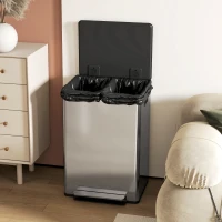 HOMCOM Poubelle à double compartiment 2 x 30L, poubelle cuisine à pédale, couvercle à fermeture douce, 47,5x37,5x67cm, argent(m-9)