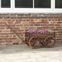Outsunny Chariot à fleurs en bois avec roues et poignée, bac à fleurs, brouette avec trous de drainage, 120 x 41 x 54 cm, marron(m-10)