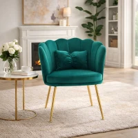 Moderner Design-Sessel in Samtoptik fürs Esszimmer mit Blütenblatt-Rückenlehne und vergoldeten Metallbeinen, Schmetterlingskissen, 63x58x77 cm, Grün(m-2)