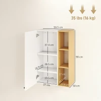 HOMCOM Dulap Baie Montat pe Perete cu Uși Soft Close, Dulap Suspendat cu Rafturi Reglabile și 3 Polițe Deschise, pentru Living sau Hol, 59.5x30x90 cm, Alb și Lemn(m-3)