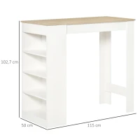 HOMCOM Table de bar pour 2 personnes, table haute mange debout avec 4 étagères ouvertes, 115x50x102,7cm, blanc et bois naturel(m-3)