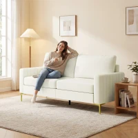 HOMCOM Sofá de 3 Lugares de 181 cm Estofado em Veludo com Almofadas Espessas Pernas de Metal Branco Creme(m-11)