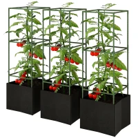 Outsunny Lot de 3 cages à tomates carrées avec sacs de culture de 51,2 L, treillis pour fleurs, légumes, plantes grimpantes, vert(m-1)