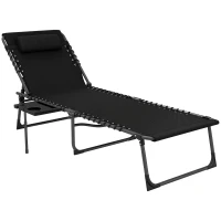 Outsunny Tumbona Plegable con Respaldo Ajustable Reposacabezas Bolsillo Lateral Bandeja y Estructura de Acero 190x60x31 cm Negro(m-10)
