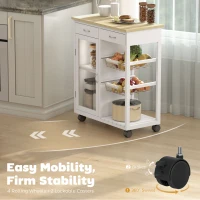 HOMCOM Cărucior de Bucătărie din Bambus cu 2 Sertare, Dulap, Raft și 2 Coșuri din Oțel, 67x35x80 cm, Alb(m-6)