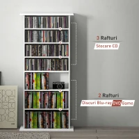 HOMCOM Raft pentru CD-uri cu 6 rafturi reglabile, capacitate de 360 CD-uri/185 DVD-uri, 58x24x124.5 cm, alb(m-8)