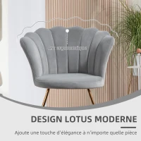 HOMCOM Fauteuil coquillage chaise coiffeuse fauteuil en velours fauteuil de salon avec pieds en acier 69 x 64 x 80 cm gris(m-4)