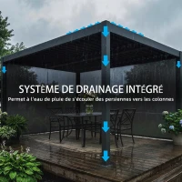 Outsunny Pérgola bioclimática 4x3m, pérgola de aluminio con lamas orientables, manivela, cortinas laterales cortavientos, gris oscuro(m-4)