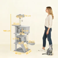 PawHut Ansamblu de Joaca pentru Pisici Înalt de 140 cm cu 2 Căsuțe, Hamac, Pat și Stâlpi din Sisal, Gri(m-3)