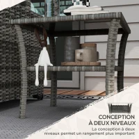 Outsunny Table d'appoint en résine tressée 2 niveaux 50x50x45cm, table basse de jardin carrée plateau en verre trempé, gris(m-5)