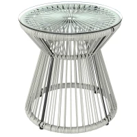 Outsunny Rattan Outdoor Coffee Table, PE Rattan Wicker Bistro Side Table with Tempered Glass Top, Light Grey(m-10)