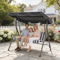 Outsunny Balancín de jardín 3 plazas Techo impermeable Inclinación regulable Cojines asiento respaldo gris, blanco a rayas(m-6)