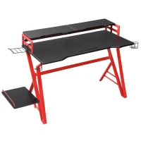 HOMCOM Mesa Gaming Ergonómica 120 cm Escritorio Gaming desk para Computadora PC con Estantes de Monitor y Ganchos para Auriculares Fibra de Carbono 168x66x92,5 cm Negro y Rojo(m-1)
