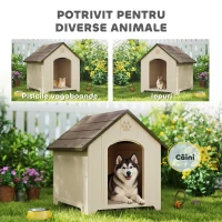 PawHut Căsuță pentru Câini de Exterior, Talie Mare și XL, Căsuță din Plastic Impermeabilă cu Bază Ridicată, Ferestre și Acoperiș Înclinat pentru Grădină, Terasă, Balcon, 102x94x103 cm, Bej(m-8)