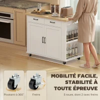 HOMCOM Îlot de Cuisine avec Station de Charge, Chariot de Cuisine à Roulettes avec Plan de Travail Rabattable, 2 Tiroirs, Blanc(m-8)