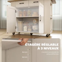 HOMCOM Îlot de Cuisine avec Station de Charge, Chariot de Cuisine à Roulettes avec Plan de Travail Rabattable, 2 Tiroirs, Blanc(m-7)