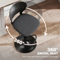 HOMCOM Set 2 Scaune de Bar Reglabile, Scaune de Bucătărie Înalte din Material Textil cu Efect de In cu Spătar, Suport pentru Picioare și Șezut Moale, Cadru Metalic, Scaune Rotative la 360°, Negru(m-5)