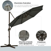 Outsunny Parasol déporté octogonal inclinable parasol rotatif 360° avec pied en croix 8 beleines manivelle inclus châssis alu. acier Ø 3 x 2,5H m gris foncé(m-6)