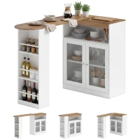 HOMCOM Table de bar extensible et pivotante 360° avec étagères ouvertes et 2 portes en verre 150x80x105,5 cm blanc et bois naturel(m-6)