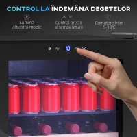 HOMCOM Vitrină Frigorifică pentru Vinuri 12 Sticle 53L Silențioasă cu Temperatură Reglabilă 5-18℃, Geam Anti UV, Rafturi Reglabile, Compresor, Display Touch, Lumini LED, Clasa G(m-5)