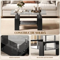 HOMCOM Măsuță de Cafea Modernă cu 2 Nivele din Lemn și Oțel cu Blat din Sticlă Securizată, 90x50x42 cm, Negru(m-6)