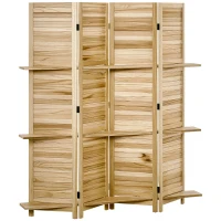 HOMCOM Paravan separator interior pliabil cu 4 panouri și rafturi din lemn de paulownia, 162x170 cm, Lemn(m-11)