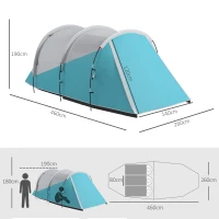 Outsunny Tente de camping familiale 3 personnes, tente tunnel imperméable, 2 portes fenêtres, ventilée 4,6 x 2,6 x 1,9 m, bleu(m-3)