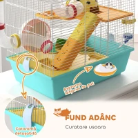 PawHut Cușcă pentru Hamsteri cu Roată, Căsuță, Bol, Rampe și Recipient Apă, Cușcă pentru Gerbili din Oțel, PS și PP, 45x28x37 cm, Alb și Albastru(m-6)